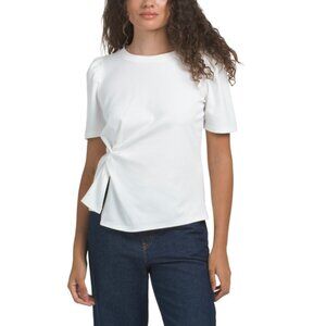 MODERN WORKS Ivory Scuba Ponte Short Sleeve Knot Side Crew Neck Top